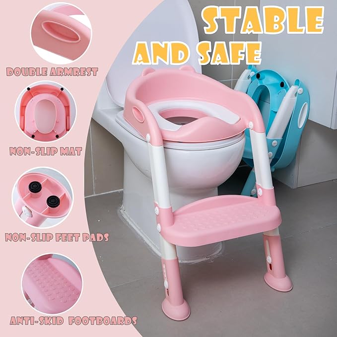 Potty Training Toilet Chair Seat with Step Stool Ladder for Kids and Toddler Boys Girls - Foldable Height Adjustable Children Toilet Training Seat with Safe Handles & Anti-Slip Pads, White-Pink