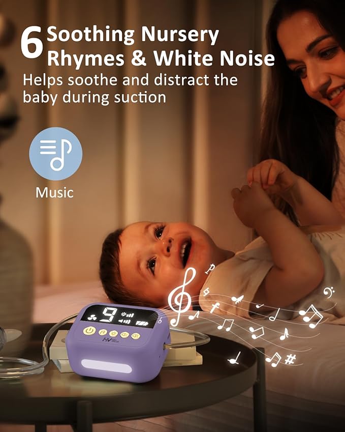 HEYVALUE Nasal Aspirator for Baby, Hospital Grade Nose Sucker with 9 Levels Suction, Night Light and Nursery Rhyme Soothing, Electric Nose Suction for Baby with Food-Grade Silicone Tips Purple