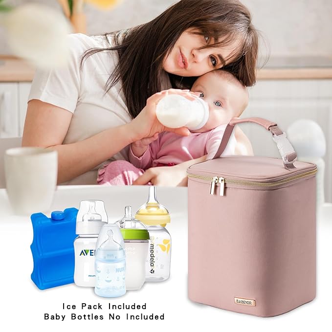 Breast Milk Cooler Bag with Ice Pack Fits 4 Baby Bottles Up to 9 Ounce, Baby Bottle Bag for Nursing Mom Daycare, Pink
