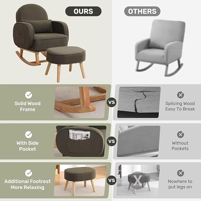 Rocking Chair with Ottoman, Upholstered Nursery Glider Rocker with High Backrest and Side Pocket, Teddy Rocking Accent Armchair with Solid Wood Legs for Nursery, Living Room, Bedroom Green