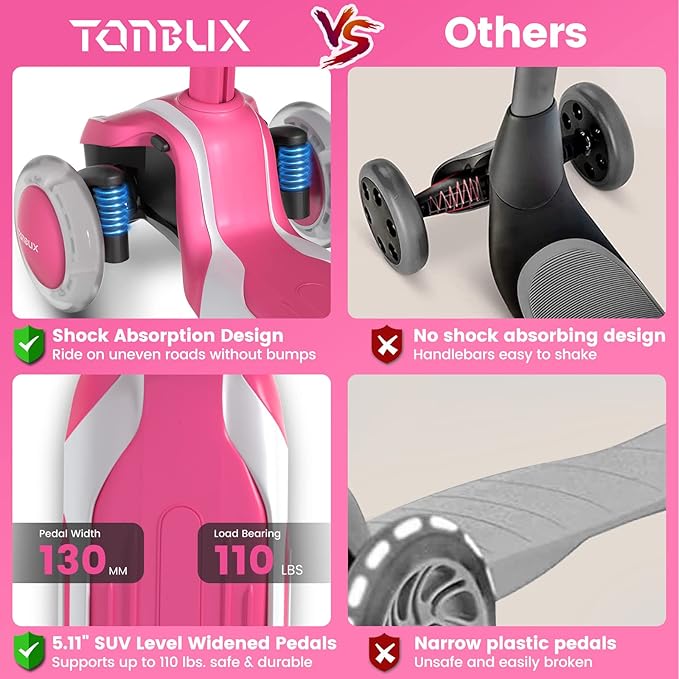 TONBUX Kids Scooter for Age 3-12, Toddler Scooter with 4 Adjustable Heights, Light Up 3-Wheels Scooter, Shock Absorption Design, Lean to Steer, Balance Training Scooter for Kids