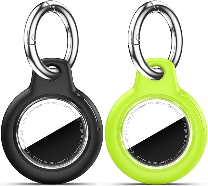Upgrade Waterproof 2 Pack Airtags Holder with Apple Airtags Keychain, Hard PC Air Tag Case, Anti-Scratch & Shock Air tag Holder, Men's Women's Keyrings & Keychains-Black+Fluorescent Green