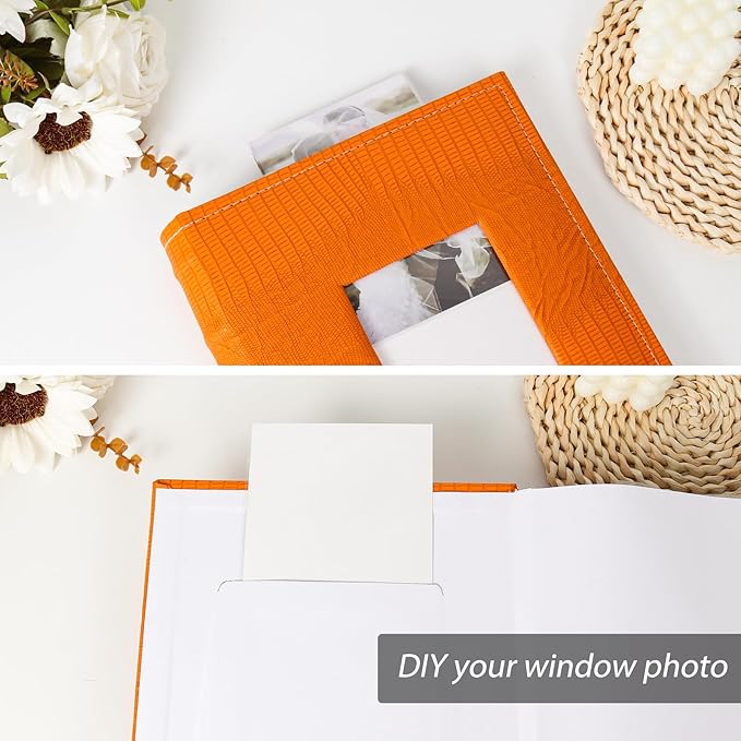 RECUTMS 4x6 Pictures Photo Album Leather Cover Photo Book Holds 300 Photos with Front Window,Photo Book with Writing Space to Share Photos Family Friends (Orange)