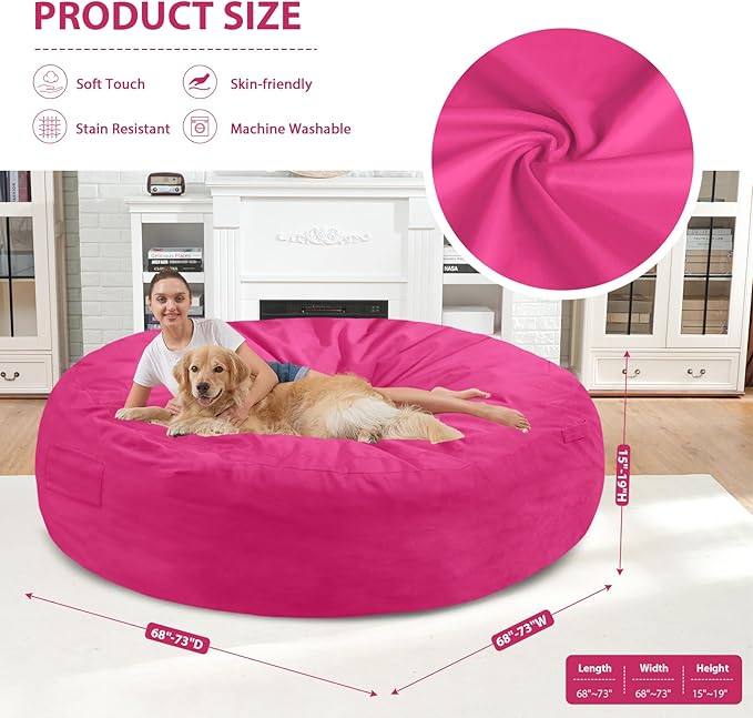 7FT Bean Bag Chair, Large Bean Bag Chairs with Memory Foam Filled, Fluffy Beanbag Sofa with Dutch Velvet Cover, Round BeanBag Chairs for Living Room, Playroom - Pink