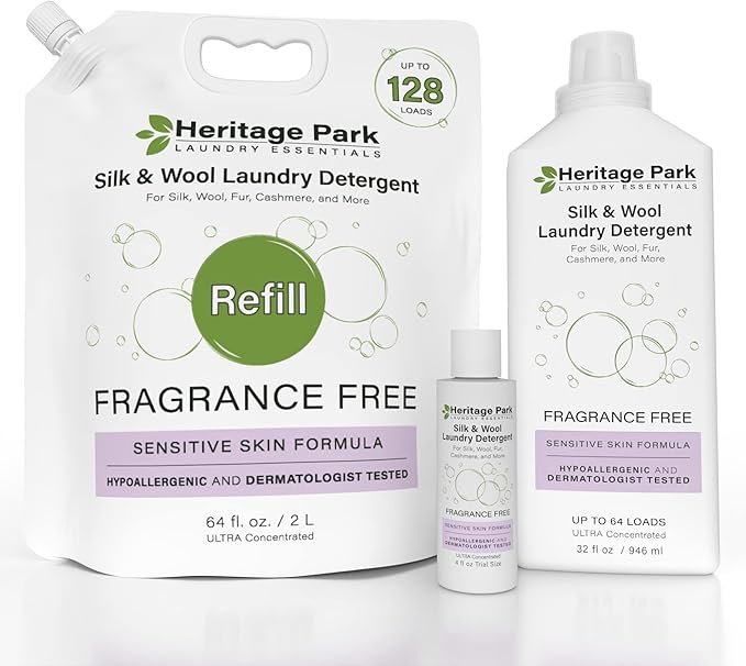 Heritage Park Silk & Wool Fragrance Free, Hypoallergenic, pH-Neutral Laundry Detergent - Dermatologist-tested, Sensitive Skin-Friendly, Enzyme-Free, Ultra Concentrated (64 fl oz Refill)