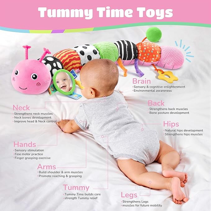 Baby Toys 6-12 Months Music Caterpillar Infant Toys Stuffed Animals 0-3-6 Months Teething Tummy Time Sensory Toys with Mirror Rattle&Pull String for Boys Girls Birthday Gifts|Pink,Knot Limb