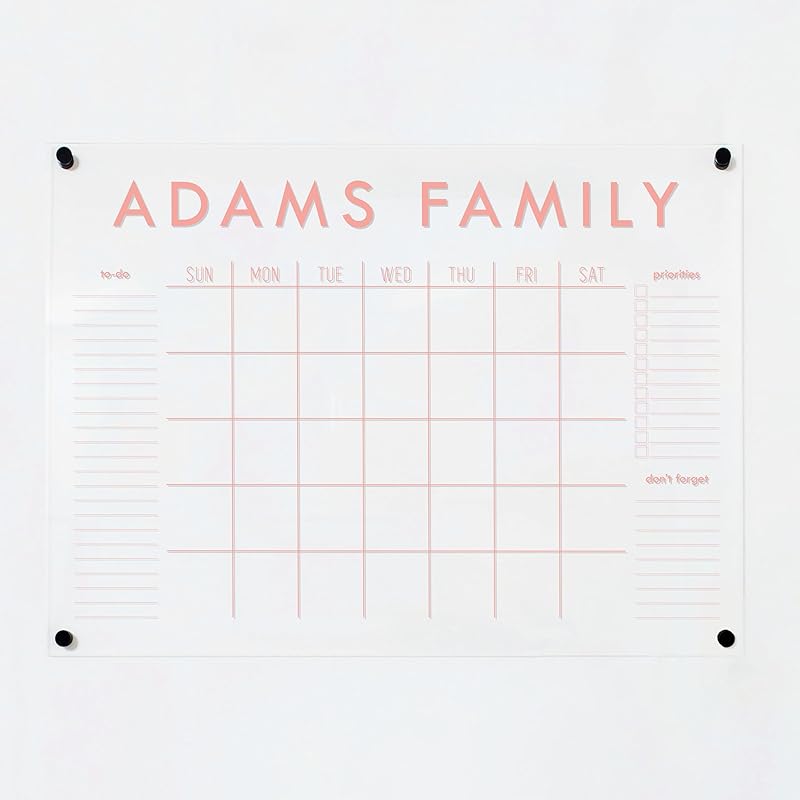 Personalized Clear Acrylic Calendar for Wall, Calendar Whiteboard for Wall, Dry Erase Wall Calendar, Wall Calendar Organizer System for Home (Block, Blush, 31"W x 23"H)