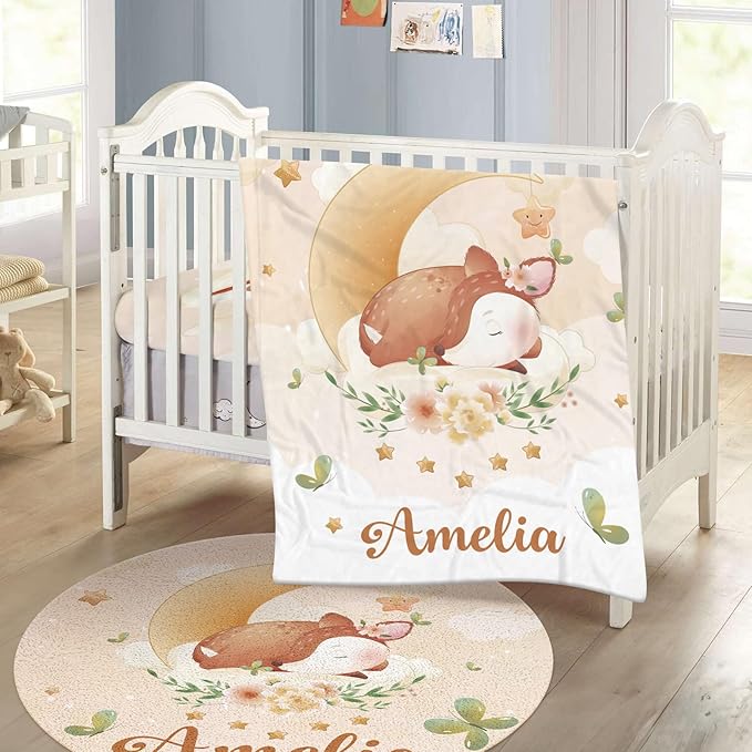 Personalized Baby Crib Bedding Set - Custom Name Fox Pattern 3 Pcs Set - Soft Blanket with Double Layer Dotted Backing, Fitted Sheet, Room Rug for Newborns Boys Girls Shower Gift