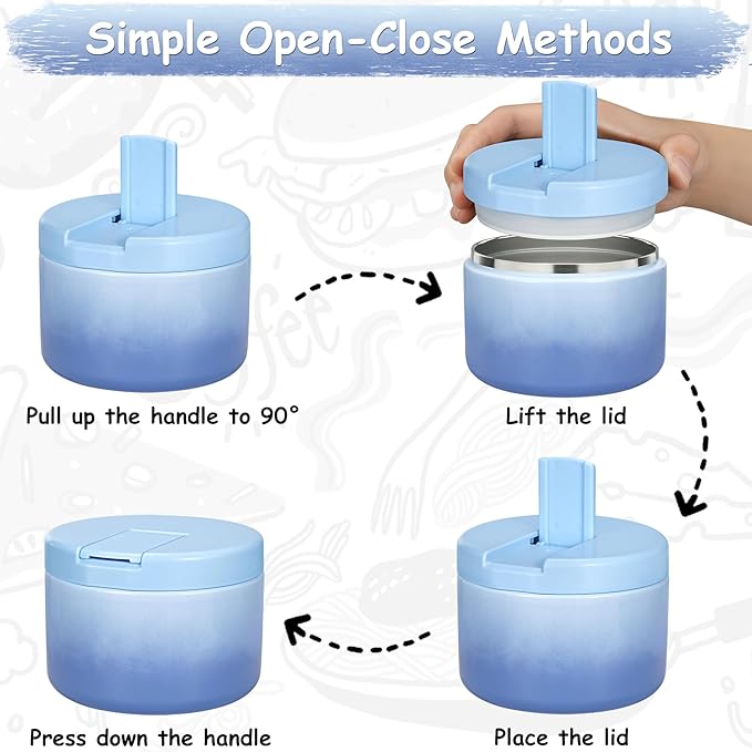 12oz Insulated Vacuum Food Jar with Buckle Lid Wide Mouth Soup Thermo for Hot Food Kids Leakproof Stainless Steel Lunch Container (Gradient Blue, 12OZ)