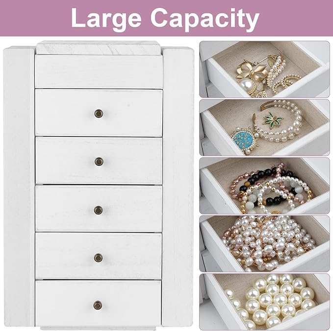 Meangood White Jewelry Box Wood for Women, 6-Layer Large Organizer Box with Mirror & 5 Drawers for Rings, Earrings, Necklaces, White