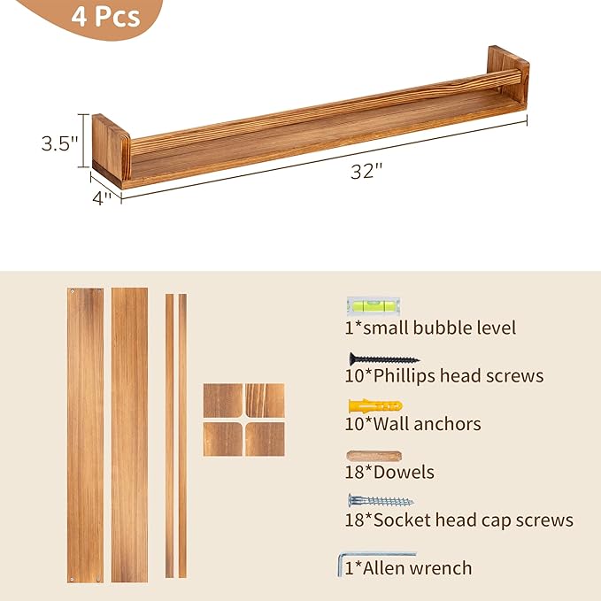 Fun Memories Nursery Book Shelves - Rustic Natural Solid Wood Floating Bookshelf for Kids - Wall Book Shelves for Kids Room (Carbonized, 32inch - 4P)