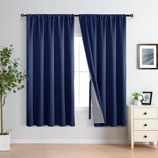 XWZO 100% Blackout Curtains with Tiebacks- Extra Wide Full Shade Window Drapes Thermal Insulated Double Layer with Black Liner for Bedroom/Living Room, Rod Pocket, Navy Blue, W70 x L63, Set of 2