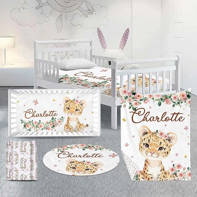Custom Nursery Crib Bedding Set: Personalized Name 4 Piece Floral Leopard Design Baby Crib Sets for Girls - Toddler Double Layer Blanket Set, Comfortable Crib Bed Sheets for Baby Toddlers