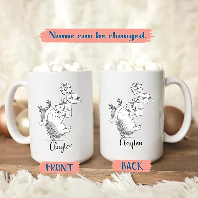 Hedgehog White Ceramic Coffee Mug, Personalized Hedgehog Accent Coffee Cup Gift For Dad Mom Daughter Son Kids, Funny Animal Travel Mug 11 Oz 15 Oz, Custom Name Hedgehogs Teacup Gift For Birthday Xmas