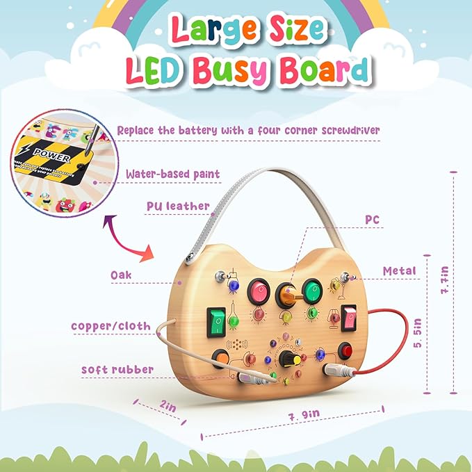 Montessori Toddler Busy Board, Wooden Busy Board with 17 LED Lights Switch, Travel Toys for Toddlers 1-3 Years,Toddler Sensory Boards, Toys for 1 Year Old Girls