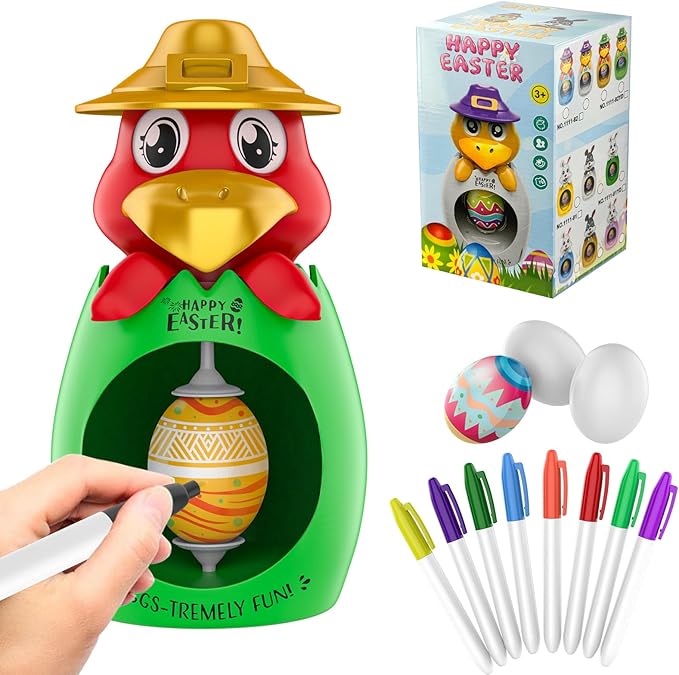 weiyuii Easter Egg Decorating Kit, DIY Egg Coloring Spinner with 3 Plastic Eggs & 8 Colorful Markers Easter Gift for Kids Boys Girls