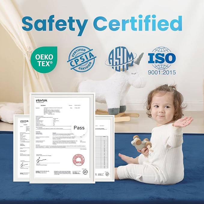 Ultra Soft Baby Play Mat,79"×79" Extra Large Activity Tummy Time Mat for Toddlers,Infants,Kids,1.3" Thick Elasti-Foam Nursery Rug for Floor,Non-Slip Safe for Crawling,Water-Repellent(Royal Blue)