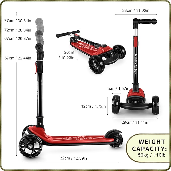 Besrey Kick Scooter for Kids Ages 3-10, 3-Wheel Folding Scooter with Adjustable Height, LED Light Wheels, Extra Wide Deck for Outdoor Activities