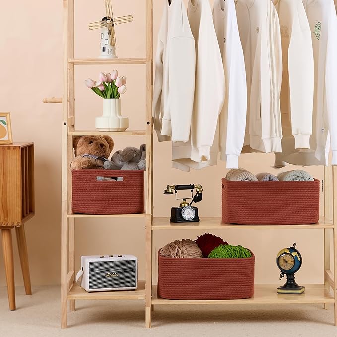 Large Storage Baskets for Shelves, Closet Organizers Bins for Clothes Blanket Towels, Baby Nursery, Toy Baskets Box, Woven Rope Baskets, 17 x 13 x 7.5”, 2 Packs Oxide Red
