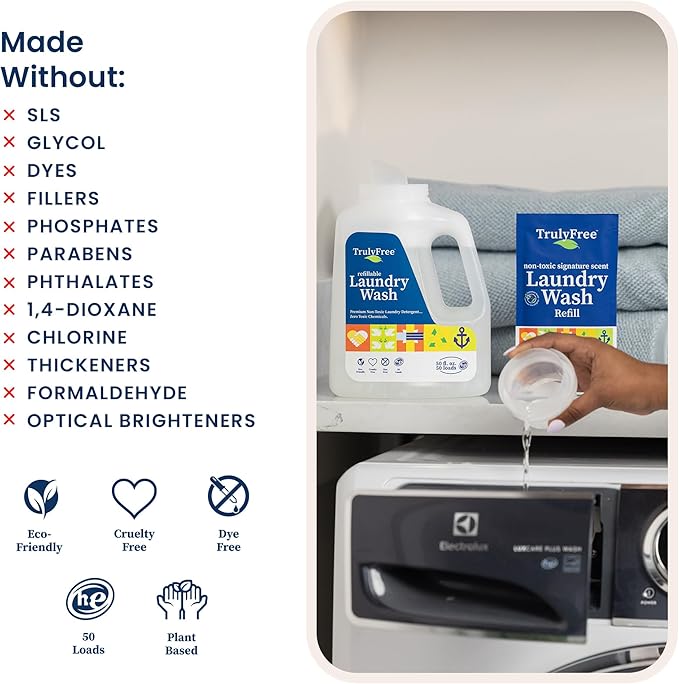 Laundry Wash Detergent for Sensitive Skin, Gentle & Safe for Baby Clothes | Plant-Based, Natural Ingredients | Unscented | Include 1 Refillable Bottle (150 Loads)