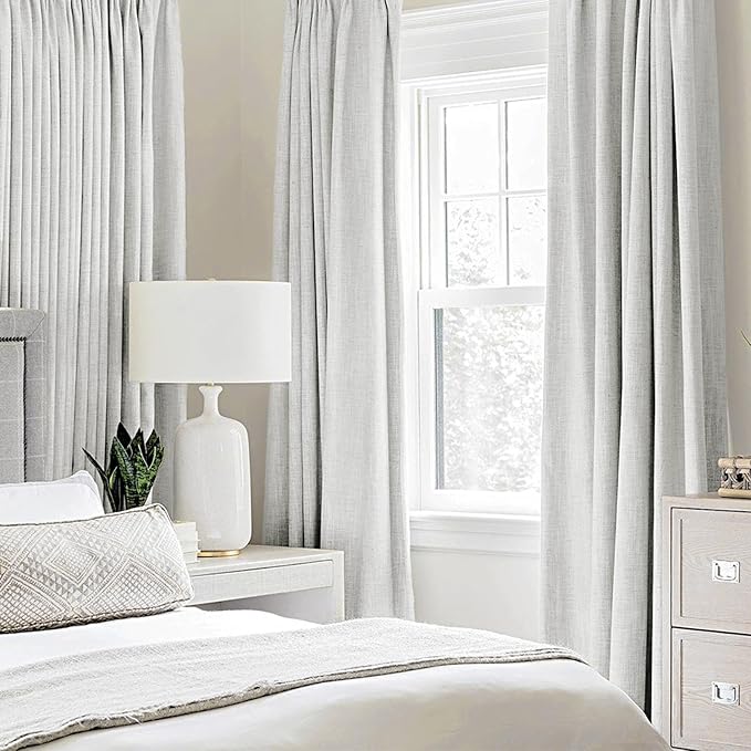 MIULEE 90 Inches Linen Textured Curtains for Bedroom 100% Blackout Thermal Insulated Heathered White Grommet Room Darkening Drapes Luxury Decor for Living Room Nursery 52 x 90 Inch (2 Panels)