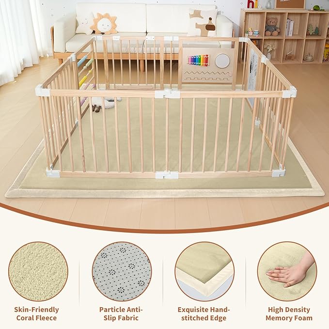 SUNYRISY Baby Play Mat for Floor 70 x 80in, 1.4in Thick Memory Foam Padded Play Mats Baby Rug, Soft Velvet Infants Toddler Kids Crawling Mat for Nursery, Non-Slip Bottom, Beige