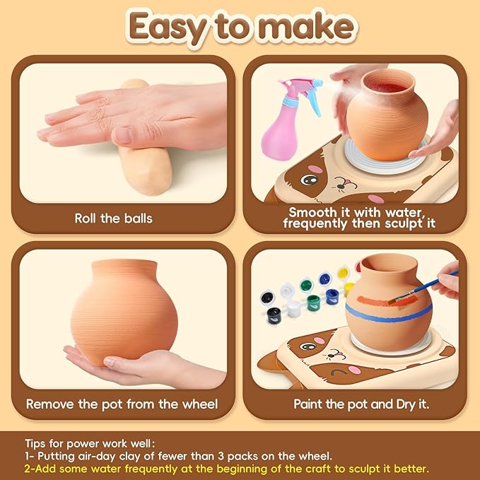 Skirfy Pottery Wheel for Kids Clay Sculpting Tools & Painting Kit,DIY Kits Clay Maker for Beginners with 6 Packs Clays,Birthday Gift Toys for Boys,Art&Crafts Kits for Ages 6-8 8-12