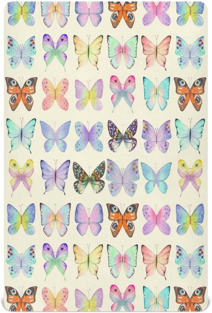 Retro Butterflies Colorful Crib Sheets for Boys and Girls, Fitted Baby Crib Sheets Soft and Breathable Mini Crib Sheets 52 X 28 Inches