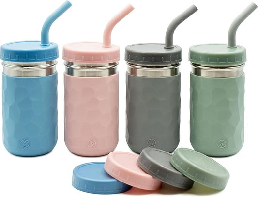 WeeSprout 2-in-1 Drinking Cups for Kids, Durable Stainless Steel Tumbler for Smoothies, Silicone Straws with Stoppers, Premium Plastic Twist Lids, Easy-Grip Sleeves, Set of 4 Dishwasher Safe Kid Cups