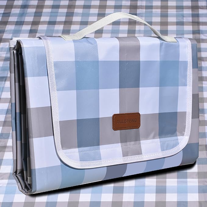 80"x80" Extra Large Waterproof Outdoor Mat - Sandproof Foldable Picnic Blanket for Family Camping, Backyard, Beach Parties - Heavy Duty & Easy Storage (Blue&Gray)