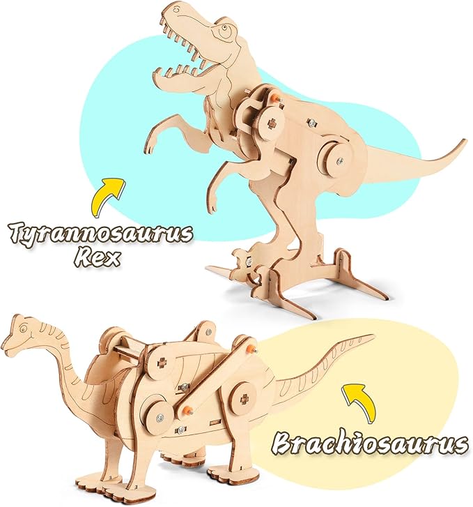 Dinosaur STEM Kits for Kids Ages 6-8-10-12, 4 in 1 Wood Building Toys for Boys Age 8-12, Build It Yourself Woodworking Kit, DIY 3D Wooden Puzzles Model Science Crafts for Kids, Stem Projects