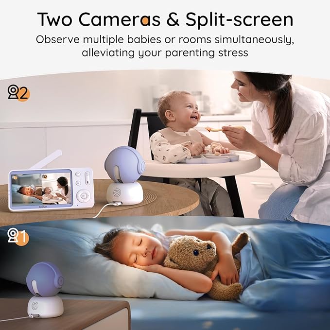 BOIFUN 2K Split-Screen 5 Inch Wi-Fi Baby Monitor with 2 360° Cameras, AI Motion & Sound & Humidity & Temp Detection, Auto Tracking Via Smartphone App and Monitor Control, Infrared Night Vision