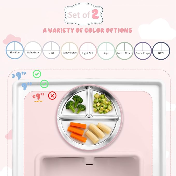 Stainless Steel Baby Plate with Suction, 9” Divided Toddler Plates with Removable Silicone Sleeves for Kids, Non-Toxic Non-Slip Unbreakable Dishwasher Safe Dinnerware Set of 2, Pink & Beige