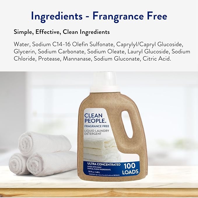 The Clean People Liquid Laundry Detergent - Recyclable Packaging, Stain Fighting - Ultra Concentrated, Laundry Soap - Fragrance Free, 50 fl oz