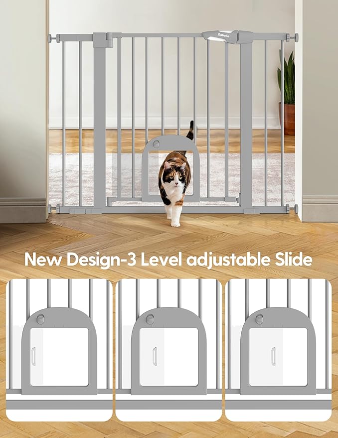 Babelio Baby Gate with Adjustable Cat Door,29-43" Auto Close Durable Pet Door for Stairs,Doorways and House, Pressure Mounted,Easy Install,Effortless Walk Thru,Gray