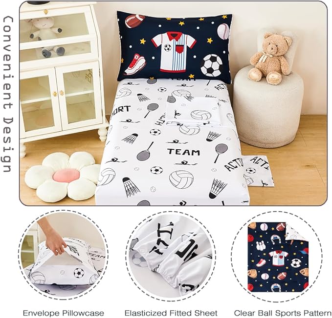 PERFEMET 4 Pieces Sports Toddler Bedding Sets for Boys Reversible Baseball Football Toddler Bed Set with Sheets Soft Fluffy Navy Blue Sport Kids Bed in a Bag for Bedroom(Sport, Toddler)