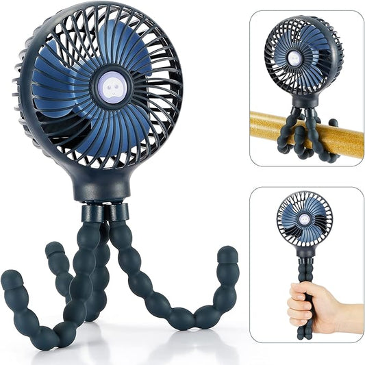 snawowo Mini Handheld Personal Portable Fan, Baby Stroller Fan, Car Seat USB or Battery Powered, with Flexible Tripod Clip on Student Bed Desk Bike Crib Treadmill Camping Traveling(Dark Blue)