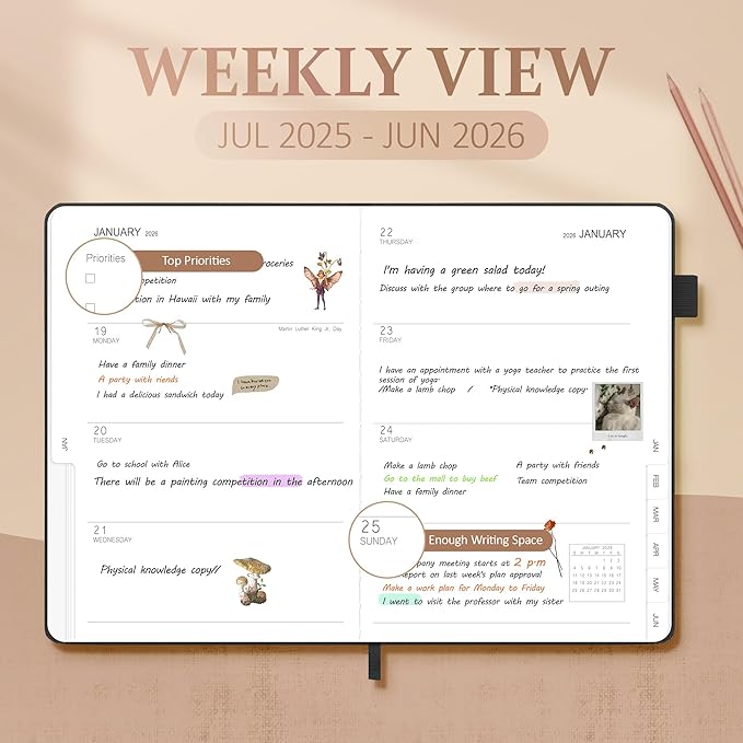 Planner 2025-2026, Academic Linen 2025-2026 Monthly Planner July 2025 to June 2026, Weekly & Daily Organizer with Tabs, Note Pages, Hardcover 5.65" x 8.15"- Ideal for School, Work & Productivity-Black