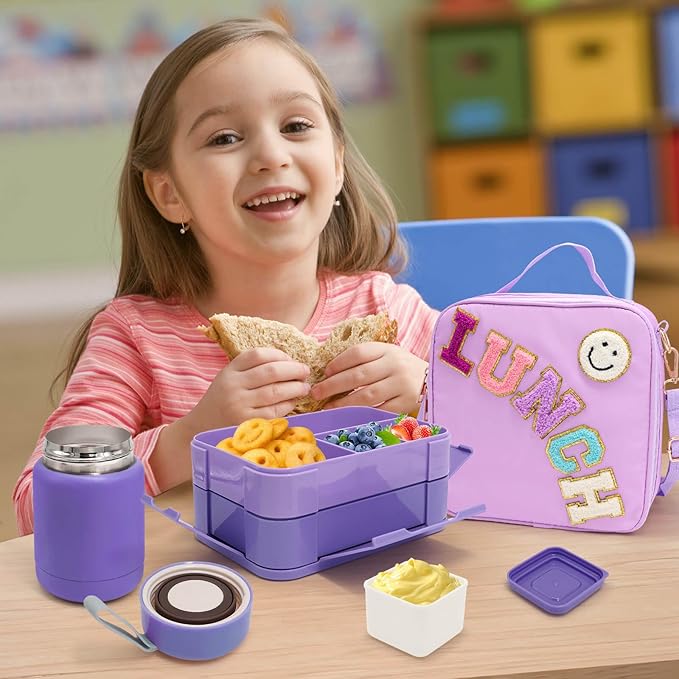 Preppy Lunch Box for Girls with 10oz Thermo, with 6 Compartment Bento Box, Purple Nylon Insulated Lunch Bag Adjustable Strap for Girl Kids Teens School Travel Picnic