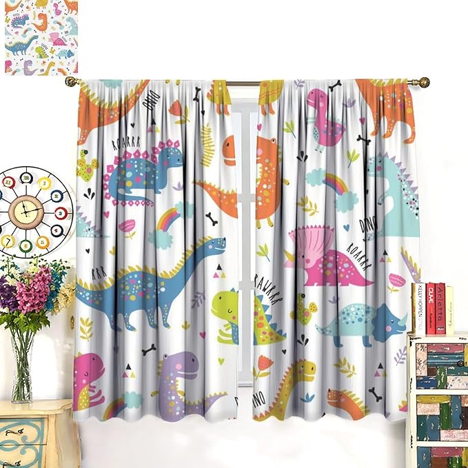 Cartoon Dinosaur Curtains for Kids Boys Girls Home Decor Childish Cute Dino Animals Print Pattern Rod Pocket Blackout Window Drapes for Nursery Baby Bedroom Playroom W27.5xL63in 2 Panels