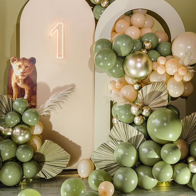 RUBFAC 129pcs Sage Green Balloons Different Sizes 18 12 10 5 Inch, Olive Green Latex Balloon Garland Arch Kit for Birthday Party Graduation Baby Shower Wedding Safari Jungle Balloon Decoration