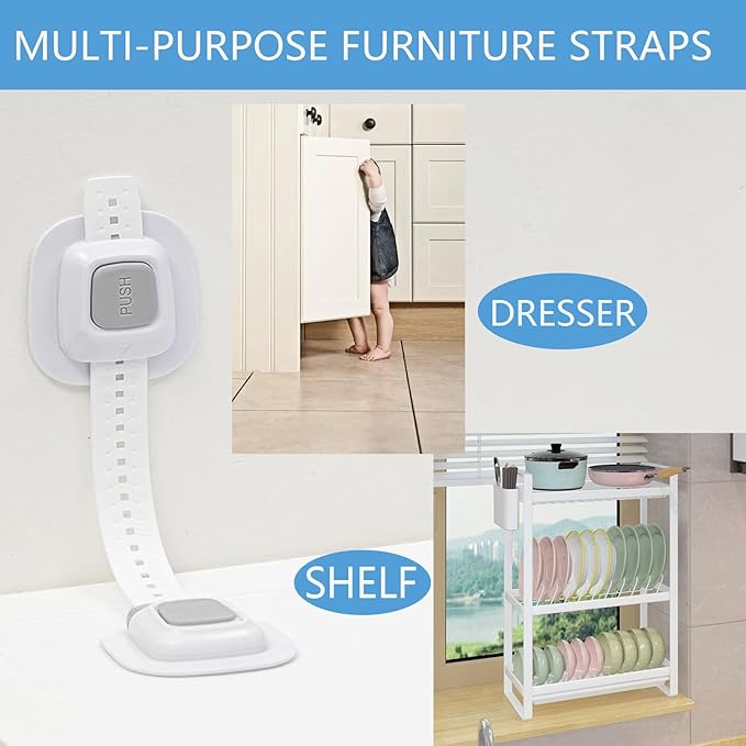 YEYA No Drill Anti tip Furniture Adjustable Straps Wall Anchors for Baby proofing with 3M Adhesive (Upgraded 2P)