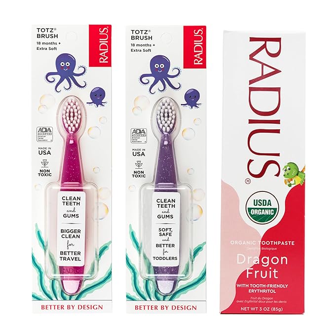 RADIUS Toddler Toothbrush and Toothpaste Bundle for Kids, 2 Pack Totz Extra Soft Brush in Pink and Purple Sparkle and 1 Count Dragon Fruit Toothpaste, for Children 18 Months and Up
