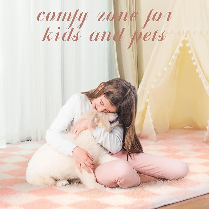 Super Soft Rug for Bedroom, 4x6 Ft Pink and White Area Rug Classic Checkered Shaggy Anti-Skid High Pile Soft Fluffy Rug Fuzzy Carpet for Living Room Bedroom Kids Room Nursery, Dorm Home Decor