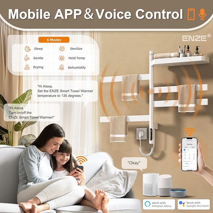 ENZE Smart Rotating Heated Towel Rack for Bathroom, Wall-Mounted Electric Towel Dryer with Swivel Bars & Shelf, Smart Timer, Low Carbon Steel, Plug-in/Hardwired, Towel Warmer with Wi-Fi App Control
