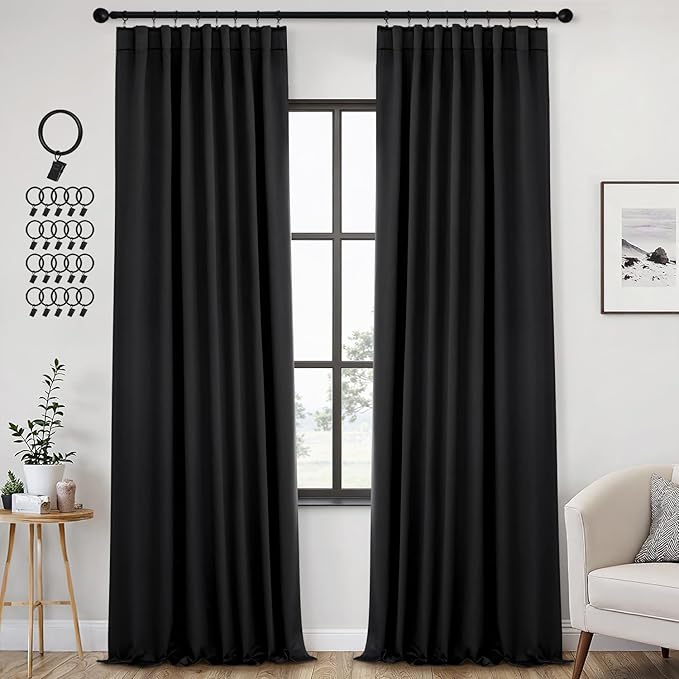 ANRODUO Back Tab Blackout Curtains for Bedroom Living Room, Rod Pocket Pinch Pleated Thermal Insulated Room Darkening Curtains 96 Inches Long 2 Panels, Black, 42 x 96 Inch
