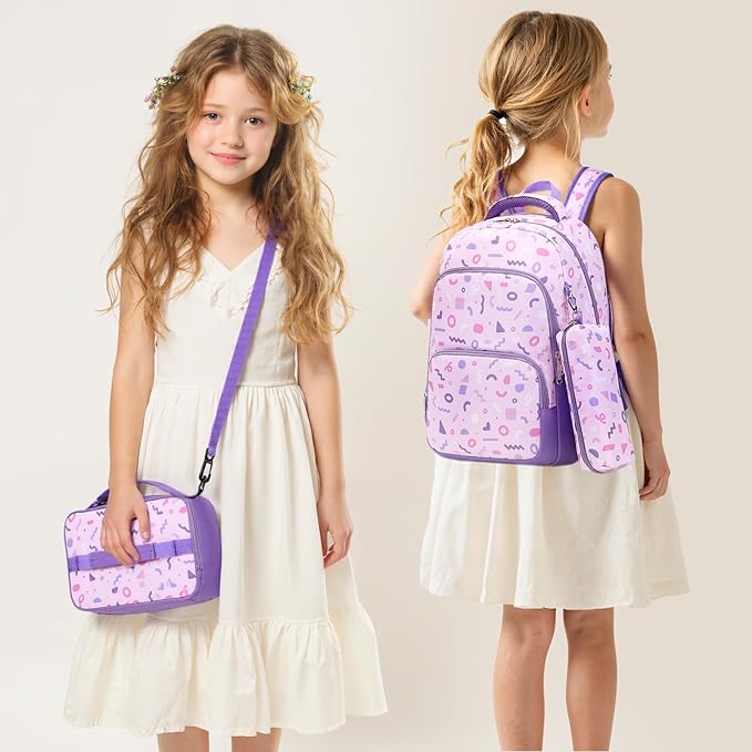 mygreen 3PCS Kids Backpack Set - Waterproof Bookbag with Lunch Box for Girls Ages 3-12, Adorable Cartoon Prints for School & Outdoor Use Light Pink Mermaid