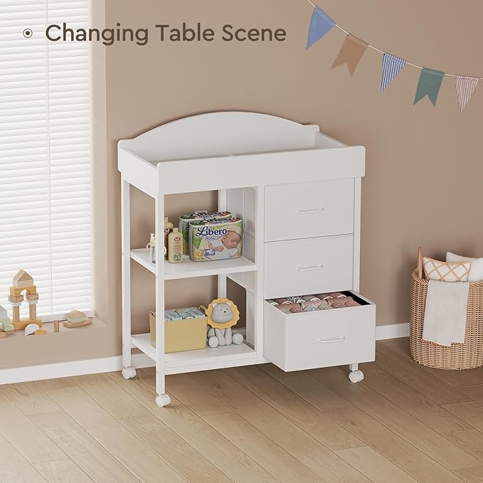 Changing Table Dresser, Baby Dresser with 3 Fabric Drawers and 2 Shelves, Multi-Functional Baby Changing Table with Pad, Classic Nursery Dresser, Diaper Changing Station for Nursery, White