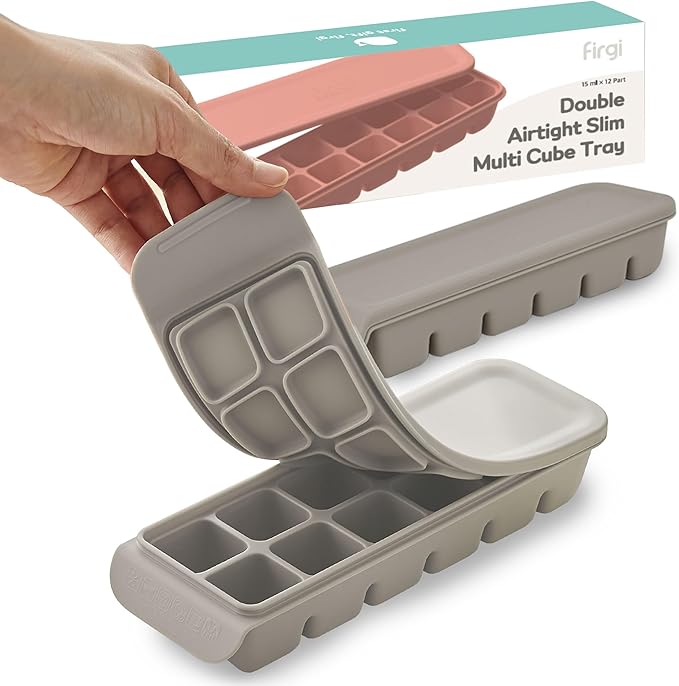 12 Section-0.5oz, Gray 100% Food Grade Silicone Ice Cube Tray Food Container with Airtight Locking Lid, Fruit Vegetable Purees, Breastmilk Storage for Baby & Toddler Food | BPA Free Korea Made
