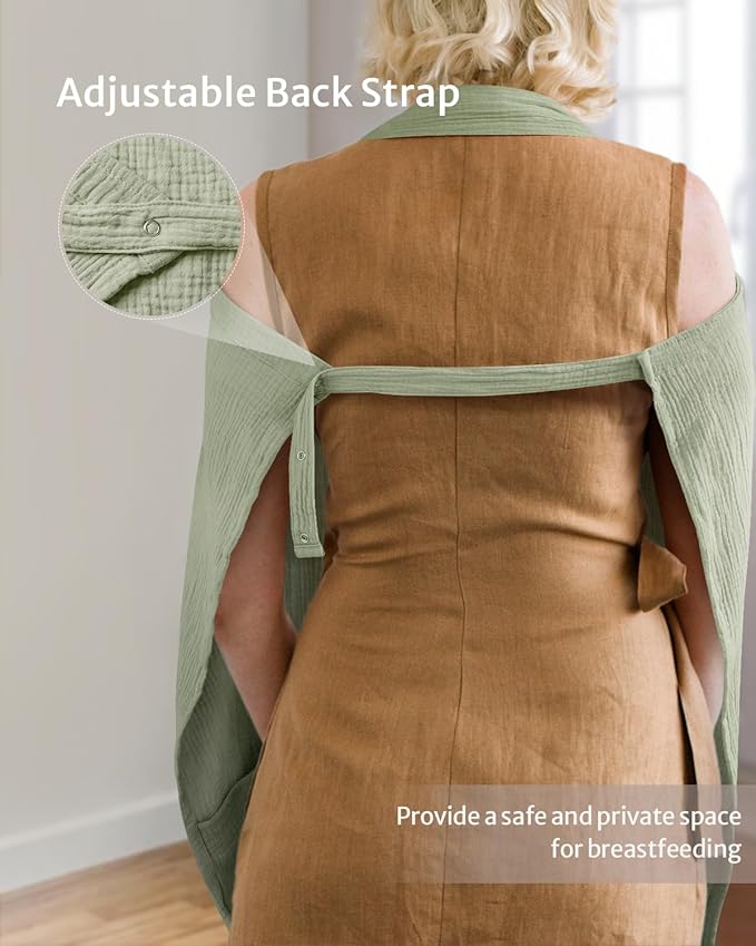 Blissful Diary Muslin Nursing Cover for Breastfeeding, Breathable Breastfeeding Cover up with Arch Neckline for Women, Nursing Apron(Sage Green)
